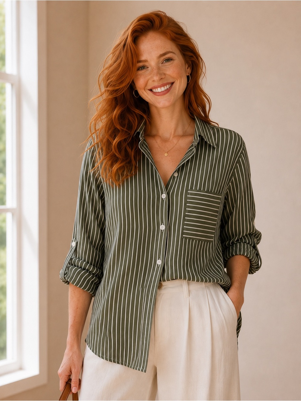 LOFT Olive Striped Button-Down Shirt